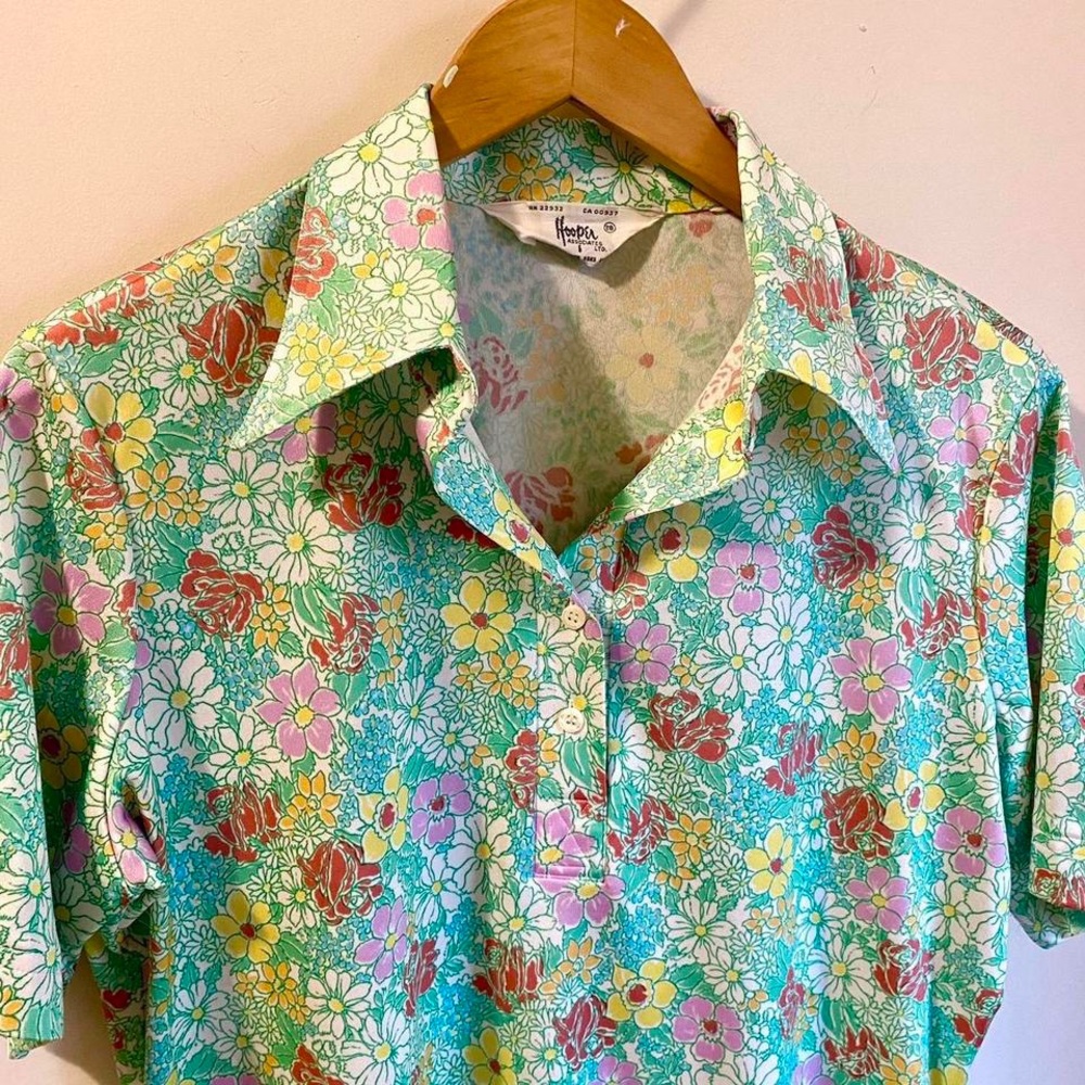 Vintage 60s / 70s hooper green & floral polo collared short sleeve shirt medium